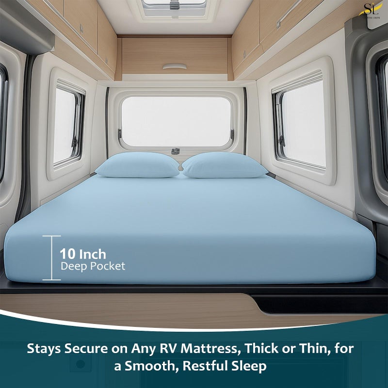 Shreem Linen Luxury 4 Piece Microfiber RV Sheet Set, Deep Pocket Fits Up to 10 inch, Soft, Wrinkle-Resistant, Camper, Travel Trailer Bedding, Bunk 42x80, Light Blue - Image 5